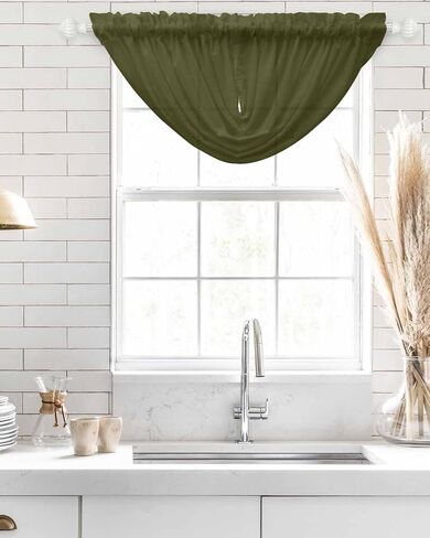 LooPoP Waterfall Valances for Windows Green Solid Color Swag Valance Curtains Dark Olive Sheer Valance Window Treatment for Living Room Kitchen Bedroom Bathroom Rod Pocket Curtain Drape 3 Panels in Kuwait