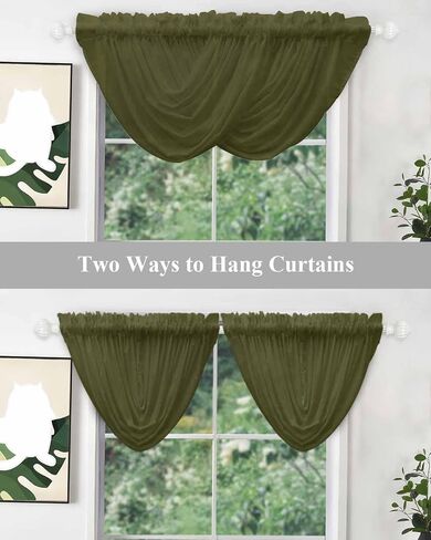 LooPoP Waterfall Valances for Windows Green Solid Color Swag Valance Curtains Dark Olive Sheer Valance Window Treatment for Living Room Kitchen Bedroom Bathroom Rod Pocket Curtain Drape 3 Panels in Kuwait