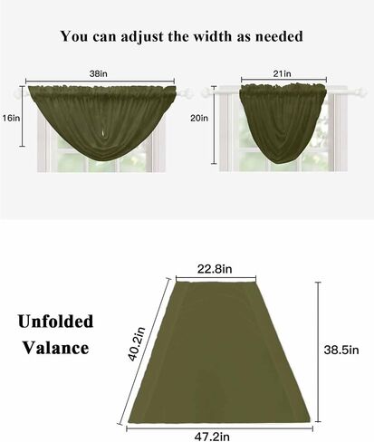 LooPoP Waterfall Valances for Windows Green Solid Color Swag Valance Curtains Dark Olive Sheer Valance Window Treatment for Living Room Kitchen Bedroom Bathroom Rod Pocket Curtain Drape 3 Panels in Kuwait