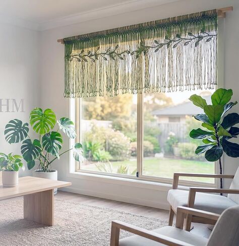 Boho Window Valance, Macrame Window Curation for Decoration, Bohemian Handmade Fringe Curtain Topper, Macrame Curtain Leaf Pattern,Short Curtain Decoration 55“ X 20" Green(No Rod Included) in Saudi Arabia