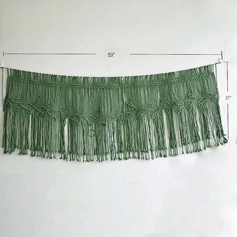 Boho Window Valance, Macrame Window Curation for Decoration, Bohemian Handmade Fringe Curtain Topper, Macrame Curtain Leaf Pattern,Short Curtain Decoration 55“ X 20" Green(No Rod Included) in Saudi Arabia