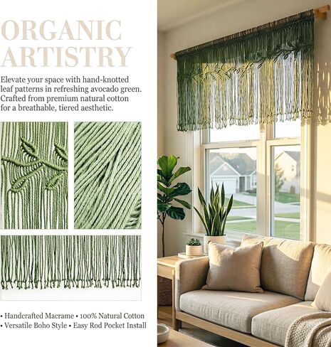 Boho Window Valance, Macrame Window Curation for Decoration, Bohemian Handmade Fringe Curtain Topper, Macrame Curtain Leaf Pattern,Short Curtain Decoration 55“ X 20" Green(No Rod Included) in Saudi Arabia