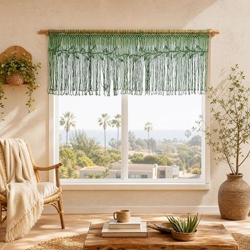 Boho Window Valance, Macrame Window Curation for Decoration, Bohemian Handmade Fringe Curtain Topper, Macrame Curtain Leaf Pattern,Short Curtain Decoration 55“ X 20" Green(No Rod Included) in Saudi Arabia