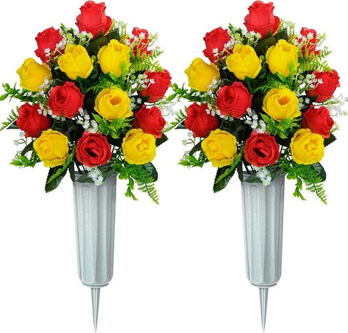 XONOR Artificial Cemetery Flowers for Grave Decorations, Artificial Memorial Roses Flowers Bouquet with Vase for Cemetery Headstones Decoration, 2 Sets (Dark Blue&Light Blue) in Kuwait