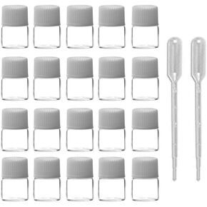 Enslz Oil Bottles for Essential Oils 50 Pcs 1 ml (1/4 Dram) Transparent Glass Vials Bottles, with Orifice Reducers and White Caps, 0.5ml 2 pcs Pipettes Droppers for Essential Oils Aromatherapy with