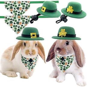 Small Animal Patrick's Day Hats and Bandanas 4 Pcs ​Rabbit Bowler Hat with Shamrock Décor Rabbit Bunny Hamster Bandana Triangular Scarf with Ribbon for Guinea Pig Ferret Sugar Glider Rodent S
