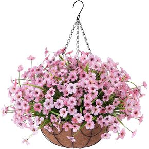 Artificial Faux Hanging Plants Flowers Basket for Spring Summer Outdoor Porch Decoration, Fake Silk Colorful Daisy Eucalyptus in Planter UV Resistant Look Real for Home Patio Balcony Yard