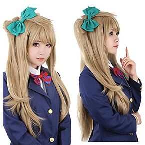 Anogol Hair Cap+ Long Straight Blonde Wig with Ponytail for Girls Synthetic Wigs Cosplay Women Wigs for Halloween Party Costume