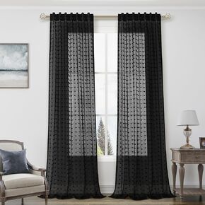 Guken Black Semi Sheer Curtains 54 Inches Long for Kids Bedroom Living Room Dining Room Textured Light Filtering Back Tab Rod Pocket Butterfly Cute Pom Pom Boho Drapes,52x54 Inches,2 Panels