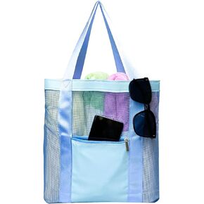 Mesh Beach Bag, Large Beach Tote for Women, Sandproof Foldable Beach Pool Bags with Pockets for Toys Towel Vacation
