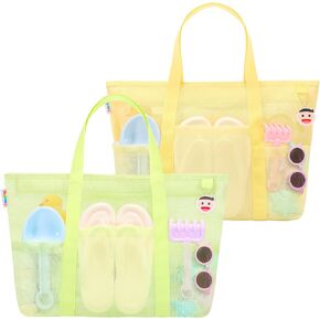 Tagitary Mesh Beach Bag with Zipper and 8 Pockets Green & Yellow, Large Beach Tote Waterproof Sandproof for Camping Sports Pool Swim Bag Foldable Beach Accessories Storage Travel Bag