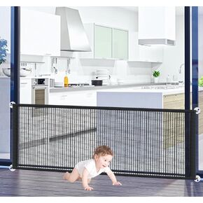 Dog Gate Mesh Pet Gate for The House Doorways Stairways, 71" WX 31" H Portable Magic No Drill Indoor Puppy Safety Gates, Black