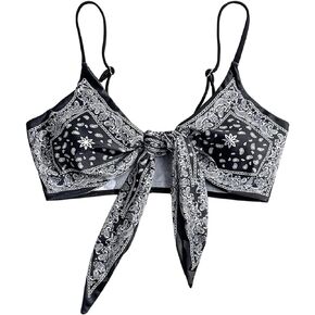 OYOANGLE Women's Boho Paisley Print Tie Front Bikini Top Spaghetti Straps Wireless Swimsuit Tops