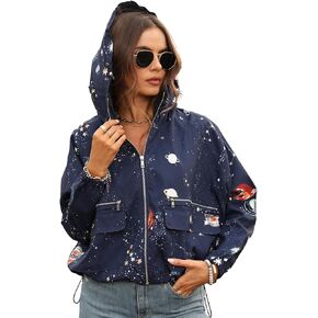 Women's Space Theme V Neck Long Sleeve Casual Jacket Hiking Running Women Windbreaker Zip Up Hoodie with Pocket