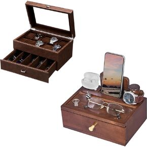 صندوق ساعة BEWISHOME حافظة ساعة فاخرة ومنظم منضدة للرجال، قاعدة شحن خشبية للهاتف، حزمة in Kuwait