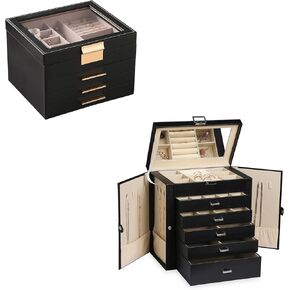 Frebeauty Large PU Jewelry Box Bundle:A Multi-functional Jewelry Box(Black) and A 4 Layer Clear Lid Jewelry Box(Black) of Rings Earrings Necklace Bracelets for Women Girls in Kuwait