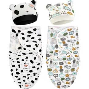 VitalCozy 2 Pack Preemie Baby Swaddle Blanket Wrap with Hat Set Preemie Hats Newborn Baby Receiving Blanket Wrap for Preemie Boys Girls 3-7 Lbs (Animals, Cow)