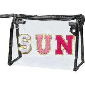 COSHAYSOO Clear Makeup Bag Preppy Sunscreen Pouch Waterproof Beach Pool Travel Things Summer Stuff Traveling Cosmetic Accessories for Women Teen Girl Gift with Cute Chenille Letter Patch Pink SUN