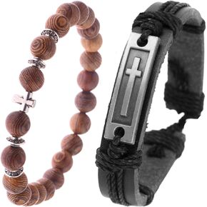Soul Statement Leather and Wood Beaded Cross Bracelets: Confirmation Gifts for Boys, Sponsor, or Christian Men