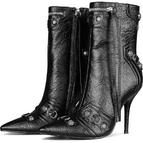 Lyrisiphy Black Boots for Women Stiletto Boots Pointed Toe Rivets Tassel Thin High Heels Ankle Boots with Zipper Goth Punk Motorcycle Boots