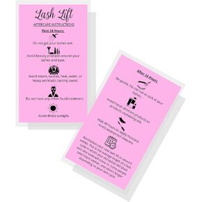 Lash Lift Aftercare Instruction Cards | 50 Pack | 2 x 3.5" inches Business Card Size | Starter Eyelash Lift Kit at home diy aftercare supplies | Bubblegum Pink with Black Icon Design