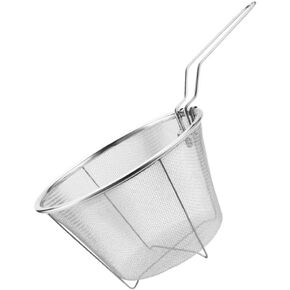 Angoily Stainless Steel Fry Basket, Cast Iron Fry Basket, Stainless Steel Deep Fry Basket, Round Wire Mesh Fry Basket, Deep Fryer Strainer with Handle for Frying (26X15X9.5cm)