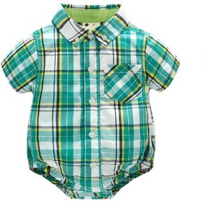 famuka 0-12 Months Boy Shirt Romper Short Sleeve Baby Bodysuit Plaid Onesie
