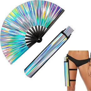 Sliver Laser Rave Fan with Leg Holster, Glitter Large Rave Handheld Fan for Women, Reflective Folding Clack Hand Fan for Music Festival, Party, Wedding, Dance, Club, Performance, Decoration in Kuwait