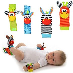 Foot Finders & Wrist Rattles for Infants Developmental Texture Toys for Babies & Infant Toy Socks & Baby Wrist Rattle – Newborn Toys for Baby Girls & Boys. (Includes 4 rattles)