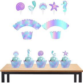 40Pcs/Pack Mermaid Cupcake Toppers Wrappers Double Side, Little Mermaid Theme Decoration Baby Shower Under The Sea Birthday Party Favor