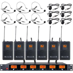 Tbaxo Wireless Microphone System 6 Channel Lavalier 6 Bodypacks Lapel Headsets Frequency B Wedding Party Meeting School Church Speaking Conference Meeting Classroom