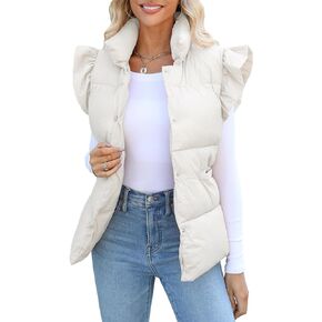 Kedera Women's Ruffle Sleeve Puffy Puffer Vests Winter Button Down Padded Gilet with Pocket