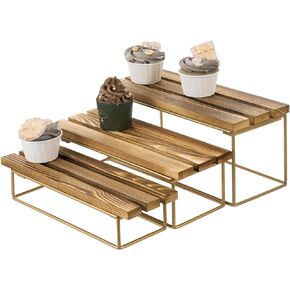 MyGift 3 Tier Rustic Burnt Natural Solid Wood and Modern Brass Tone Metal Wire Rectangular Stair Step Dessert Display Risers Cupcake Stands, 3 Piece Set