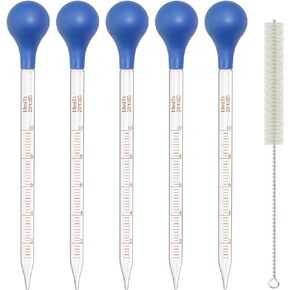 5 Pack 10ml Glass Pipette Dropper Lab Graduated Dropper Glass Liquid Pipette with 1 Pc Cleaning Brush for Liquid Essential Oil, Lab Dropper Pipettes Transfer with Rubber Cap