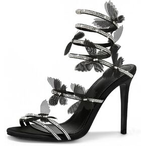 VOZTOLLS Women's Butterfly Rhinestone High Heels Open Round Toe Spiral Wrap Strappy Dress Stiletto Sandals For Party Evening Wedding