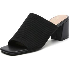 Tilocow Knit Heeled Sandals for Women Square Chunky Low Block Heel Mules Open Toe Slip On Breathable Slides Sandal Black