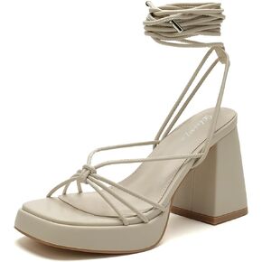 Platform Heels for Women 3.5 Inch Strappy Heeled Sandals Lace up Square Open Toe Chunky Blcok Sandals Shoes for Party Prom Date