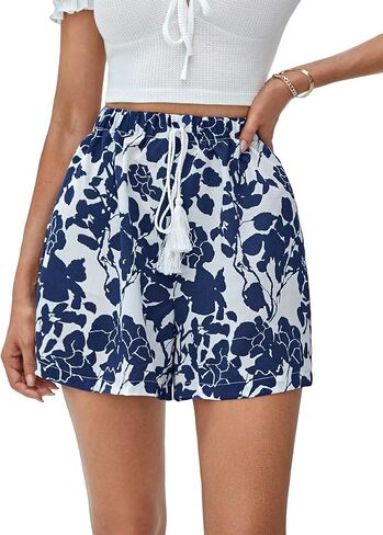 MakeMeChic Women's Floral Print Drawstring Waist Shorts Boho Fringe High Waisted Loose Wide Leg Shorts in Saudi Arabia