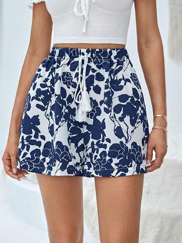 MakeMeChic Women's Floral Print Drawstring Waist Shorts Boho Fringe High Waisted Loose Wide Leg Shorts in Saudi Arabia