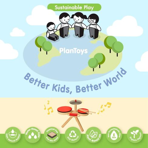 PlanToys Musical Band Toddler Drum Set Sustainably-Made with 2 Different-Sized Drums, Pair of Rubber-Coated Drumsticks, Cymbal, and Guiro to Explore Creativity in Saudi Arabia