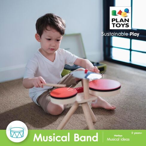 PlanToys Musical Band Toddler Drum Set Sustainably-Made with 2 Different-Sized Drums, Pair of Rubber-Coated Drumsticks, Cymbal, and Guiro to Explore Creativity in Saudi Arabia