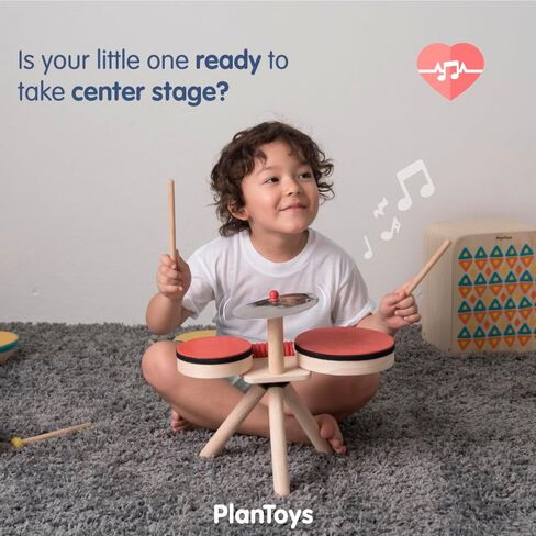 PlanToys Musical Band Toddler Drum Set Sustainably-Made with 2 Different-Sized Drums, Pair of Rubber-Coated Drumsticks, Cymbal, and Guiro to Explore Creativity in Saudi Arabia