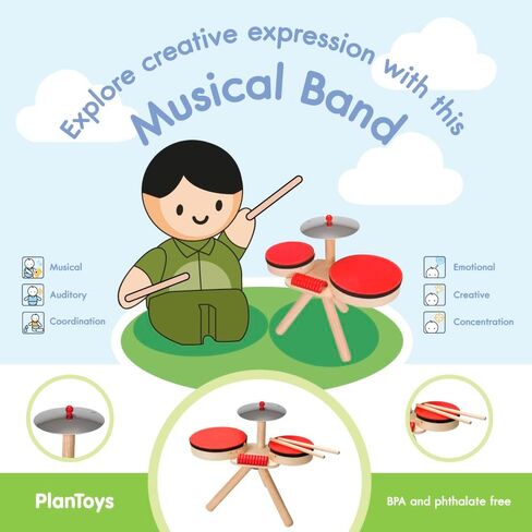 PlanToys Musical Band Toddler Drum Set Sustainably-Made with 2 Different-Sized Drums, Pair of Rubber-Coated Drumsticks, Cymbal, and Guiro to Explore Creativity in Saudi Arabia
