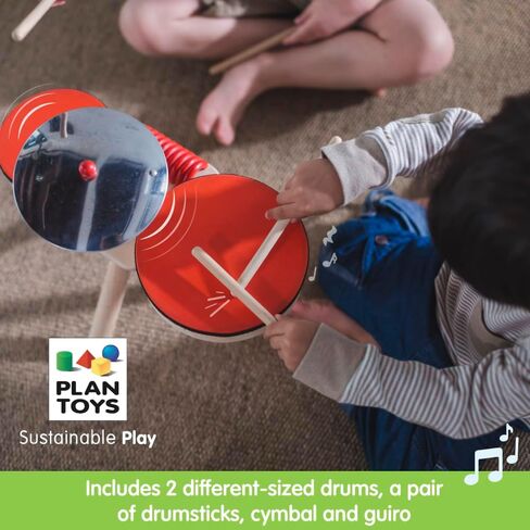 PlanToys Musical Band Toddler Drum Set Sustainably-Made with 2 Different-Sized Drums, Pair of Rubber-Coated Drumsticks, Cymbal, and Guiro to Explore Creativity in Saudi Arabia