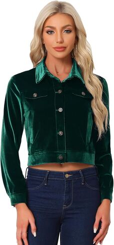 Allegra K Women's Cropped Jacket Velvet Retro Button Up Slash Pockets Fashion Casual Jackets in Saudi Arabia