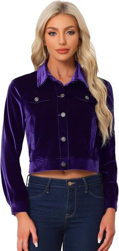 Allegra K Women's Cropped Jacket Velvet Retro Button Up Slash Pockets Fashion Casual Jackets in Saudi Arabia