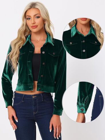 Allegra K Women's Cropped Jacket Velvet Retro Button Up Slash Pockets Fashion Casual Jackets in Saudi Arabia