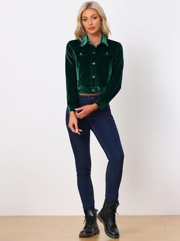 Allegra K Women's Cropped Jacket Velvet Retro Button Up Slash Pockets Fashion Casual Jackets in Saudi Arabia