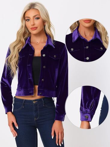Allegra K Women's Cropped Jacket Velvet Retro Button Up Slash Pockets Fashion Casual Jackets in Saudi Arabia