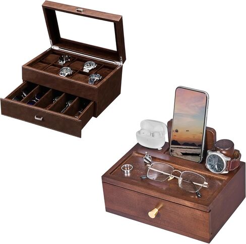 صندوق ساعة BEWISHOME حافظة ساعة فاخرة ومنظم منضدة للرجال، قاعدة شحن خشبية للهاتف، حزمة in Kuwait